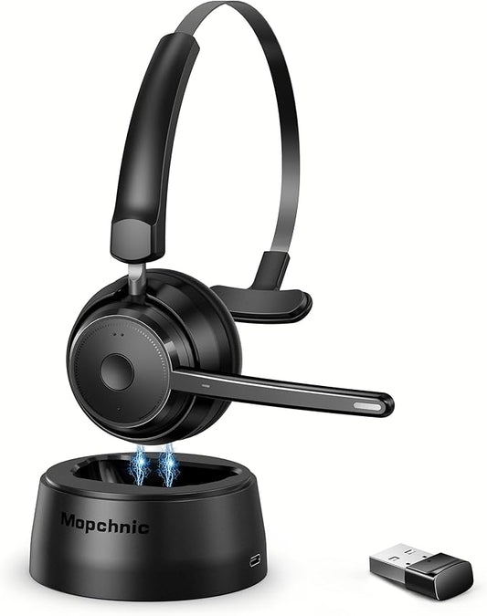 Bluetooth Headset, Wireless Headphone with AI Noise-Canceling Microphone On Ear Wireless Headset with USB Dongle for Computer Office
