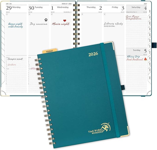 POPRUN 2026 Planner (Large Size 10'' x 8'' Wire-Bound Hard Cover) Daily Weekly and Monthly Calendar - Agenda 2026 (Jan.2026-Dec.2026) with Hourly Schedule, Monthly Tabs - Pacific Green