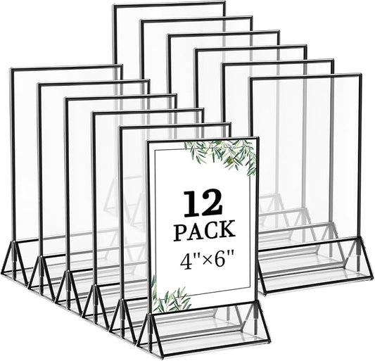 Floroom 12 Pack 4x6 Inch Clear Acrylic Sign Holders, Double-Sided Black Display Stand Picture Frames for Table Numbers, Menus, Flyers, Weddings, and Offices