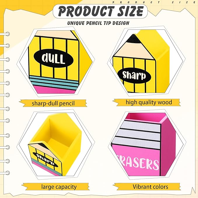 3 Pcs Sharp and Dull Pencil Holder Eraser Buckets Wooden Shaped Dispenser Finished Pen Holder No Diy for Back to School Teachers Classroom Management(Stylish)