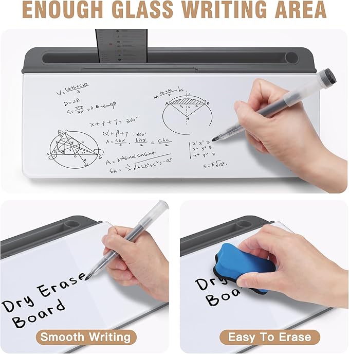 SELEAD Desktop Glass Whiteboard with Organizer, Markers, Eraser, Holder - Small Dry Erase White Board Computer Pad Keyboard Stand for Home, School, Office Desk Accessories - Grey