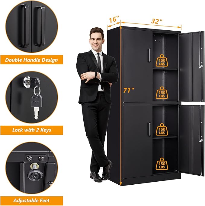 STANI Metal Storage Cabinet, Locking Steel Cabinet with 4 Doors and 2 Adjustable Shelves, 71" Tall Steel Cabinet for Home Office, Garage, School (Black)