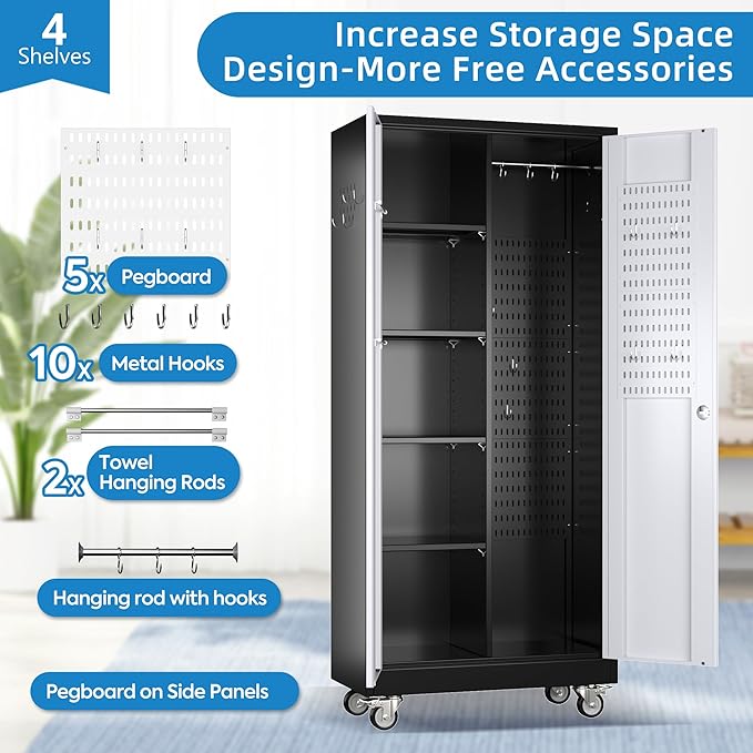 Garage Storage Cabinet with Wheels, Metal Tool Cabinet with Pegboards and 4 Adjustable Shelves, Garage Storage System with Lockable Door for Shools, Offices, Gyms and Pantries, Black and White