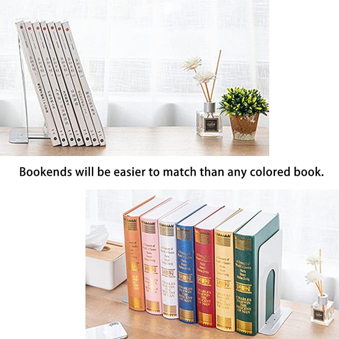 Metal Bookends for Home Office, Book Shelf Holder Home Decorative, Book Ends for Heavy Books/Movies/CDs, White 6.5 x 5 x 5.7 in, 4 Pair/ 8 Piece