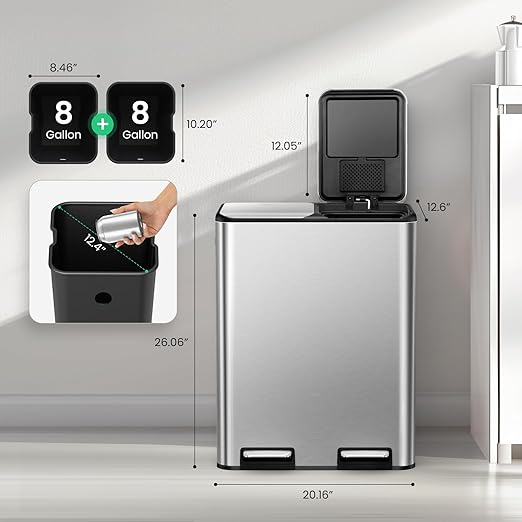 Cesun Kitchen Trash Can, 8 + 8 Gallon Dual Trash and Recycle Bin Combo, 2 Compartment Stainless Steel Kitchen Garbage Can with Lid, Removable Inner Buckets, Soft Close, Odor Filter, 30L+30L