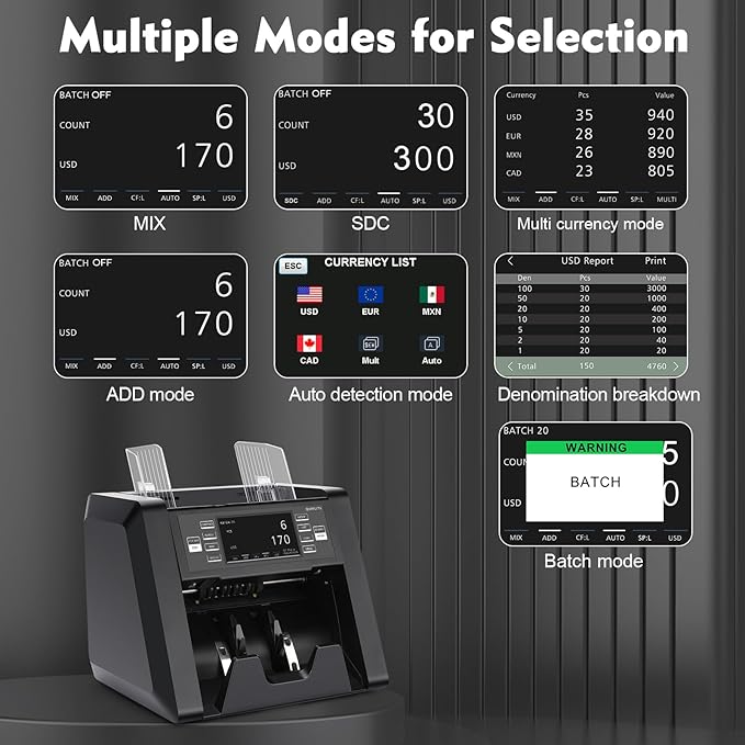 N30 Money Counter Machine Mixed Denomination, Multi Currency Value Count, CIS/UV/MG/IR Counterfeit Detection, Printer Enabled Cash Counter for Business