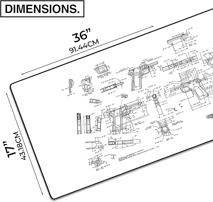 MPCO. Blueprints Large Gaming Desk Pad - 36" x 17" Duraglyde Fabric Browning 1911 – White Desk Mats - Non-Slip, Washable, Smooth Glide for Precision Gaming & Work