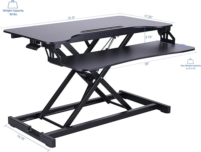 Rocelco Standing Desk Converter with Dual Monitor Mount - 31.5 Inch Sit Stand Up Tabletop Riser with Tablet Holder, Height Adjustable Workstation - Deep Keyboard Tray for Laptop - Black (R VADRB-DM2)