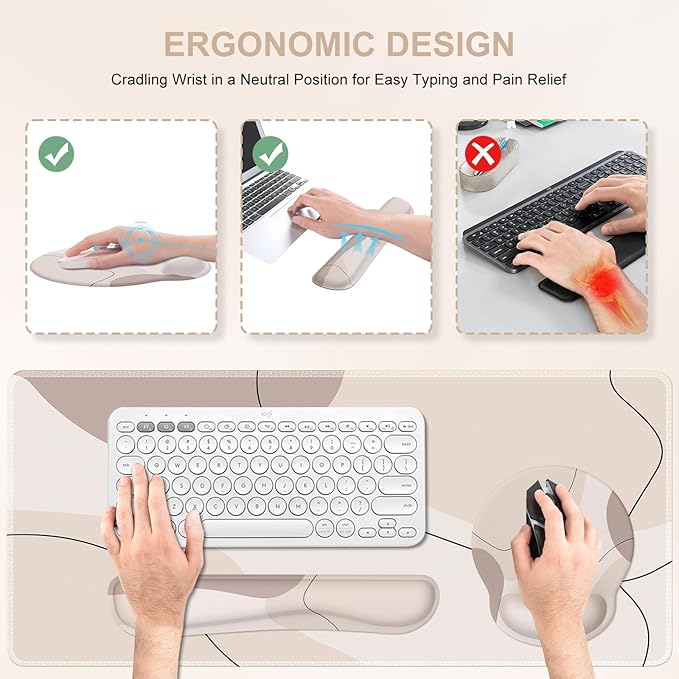 iCasso Large Gaming Mouse Pad Wrist Support Set, Desk Mat, 4in1 XXL Mousepad + Keyboard Wrist Rest+Mouse Wrist Rest+Coaster Set with Ergonomic Design for Home Office Table Computer-Brown Art