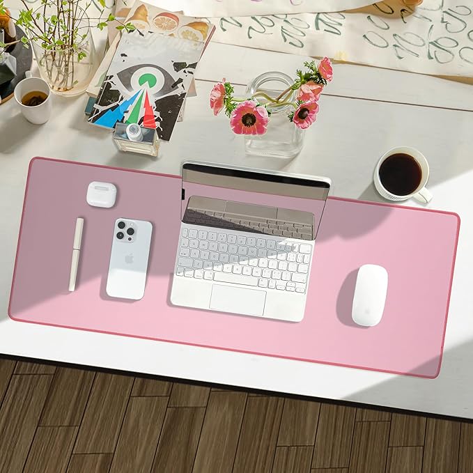 Waterproof Large Gaming Mouse Pad with Durable Stitched Edges, Non-Slip Rubber Base, Smooth Surface Mouse Mat Desk Pad for Home Office Gaming, 27.5"*11.8"*0.08", Dusty Rose