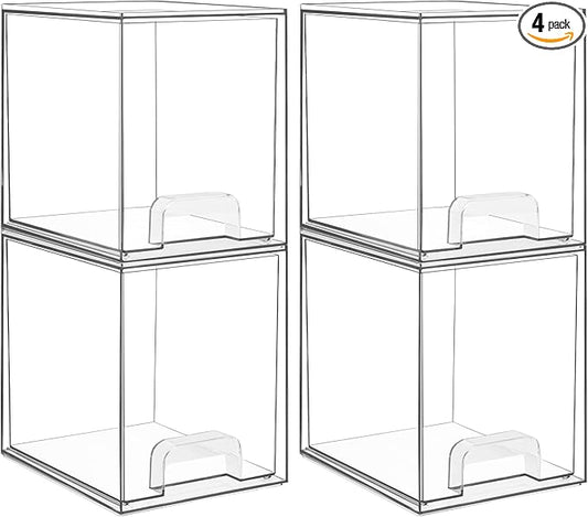 Vtopmart 7.6" H Clear Stackable Storage Drawers, 4 Pack Plastic Organizers Bins for Skincare, Cosmetics,Beauty Supplies,Ideal for Vanity, Bathroom,Kitchen Countertop,Cabinet Organization