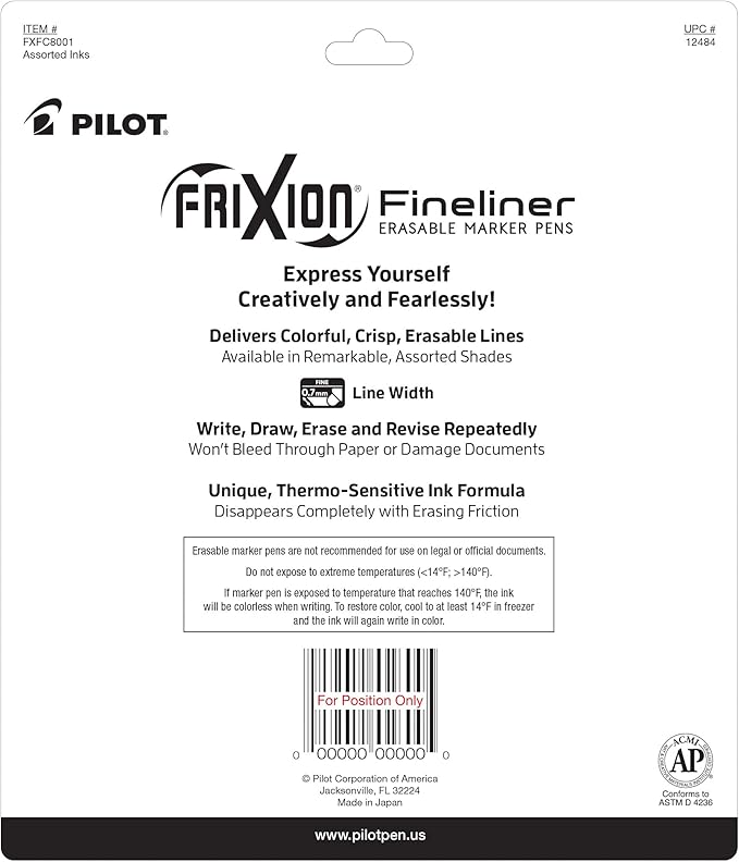 Pilot, FriXion Fineliner Erasable Marker Pens, Fine Point 0.7 mm, Pack of 6, Assorted Colors