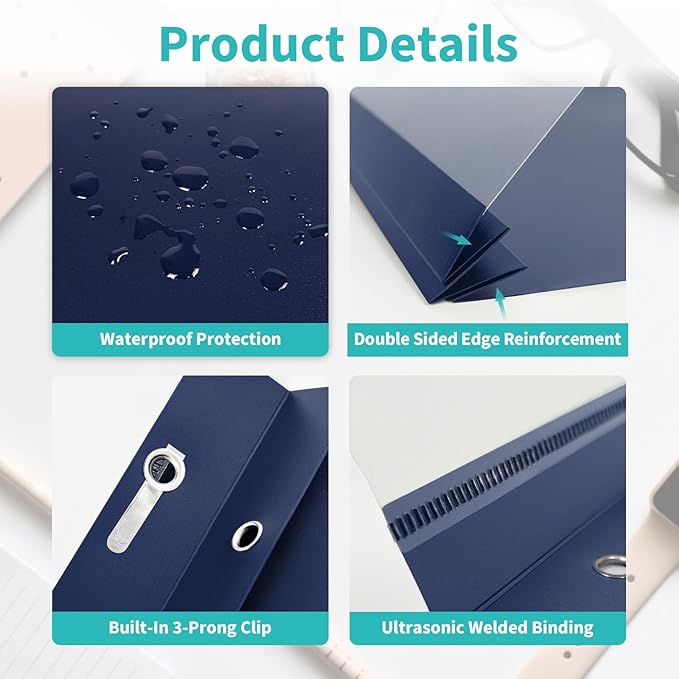 Binditek 30 Pack Clear Front Report Covers with 3 Prongs, 100-Sheet Capacity, Heavy-Duty Plastic Report Folder with Navy Back Covers, 3 Metal Prongs Fasteners, for Letter Size, Office Supplies