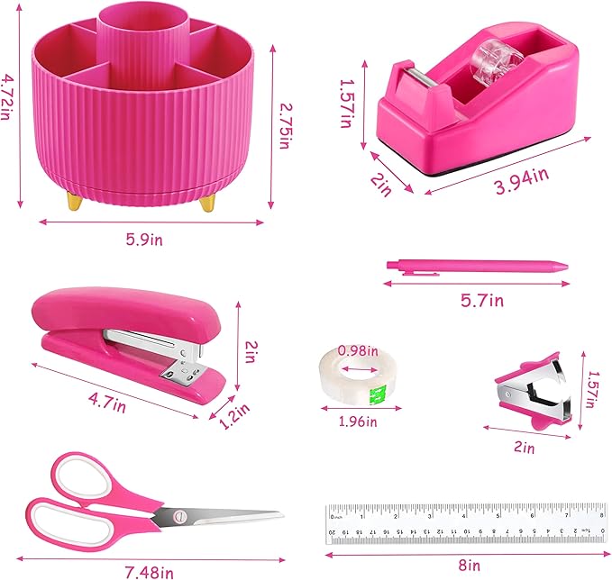 Hot Pink Desk Accessories, Hot Pink Office Supplies 360°Pen Holder Desk Organizers and Accessories with Tape Dispenser, Stapler, Staple Remover, 1000 Staples, Tape, Clips Set, Ruler, Scissor, Pen