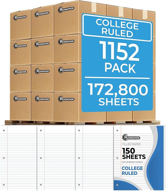1152 Pack (Pallet) Loose Leaf Paper Bulk, 172800 Sheets,College Ruled, Pallet of Filler Paper, 150 Sheets/Pack, 8 x 10.5",3 Hole Punched, 56 Gsm Thick Sheet, School & Office, 4-7 Days Transit