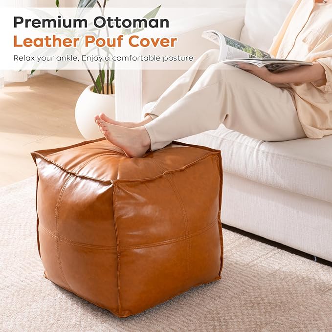 Pouf Ottoman Cover, 17.7" Square Unstuffed Pouf Cover, Faux PU Leather Moroccan Poofy Ottoman Footstool, Brown No Filler Footrest, Floor Chair Gifts Foot Rest for Living Room, (Only Cover)