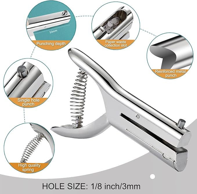 1/8 Inch Single Hole Punch - 2 Inch Reach Deep Throat Heavy Duty Paper Punch - Portable Hand Held Long Reach for ID PVC Cards Plastic Cardboard Photos