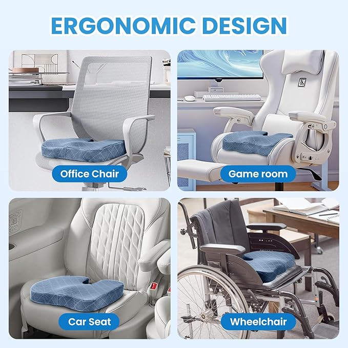 TushGuard Office/Car Seat Cushion, Non-Slip Sciatica & Back Coccyx Tailbone Pain Relief Chair Pad, Memory Foam Butt Pillow for Computer Desk, Wheelchair, Driving (Light Blue, XX-Large)