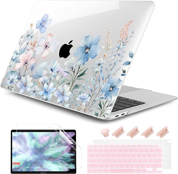 DONGKE Compatible with MacBook Air 13 inch Case 2021 2020 2019 2018 Release A2337 M1 A2179 A1932 with Retina Display & Touch ID, Plastic Hard Shell & Keyboard Cover - Blue Flowers