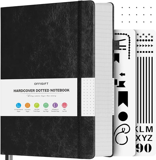 Bullet Dotted Journal Notebook, 312 Numbered Pages A5 Hardcover Leather Journal, 100gsm No Bleed Paper Dot Grid Notebook with Index Pages, Dot Journal for Women Men, 5.75" x 8.38", Black