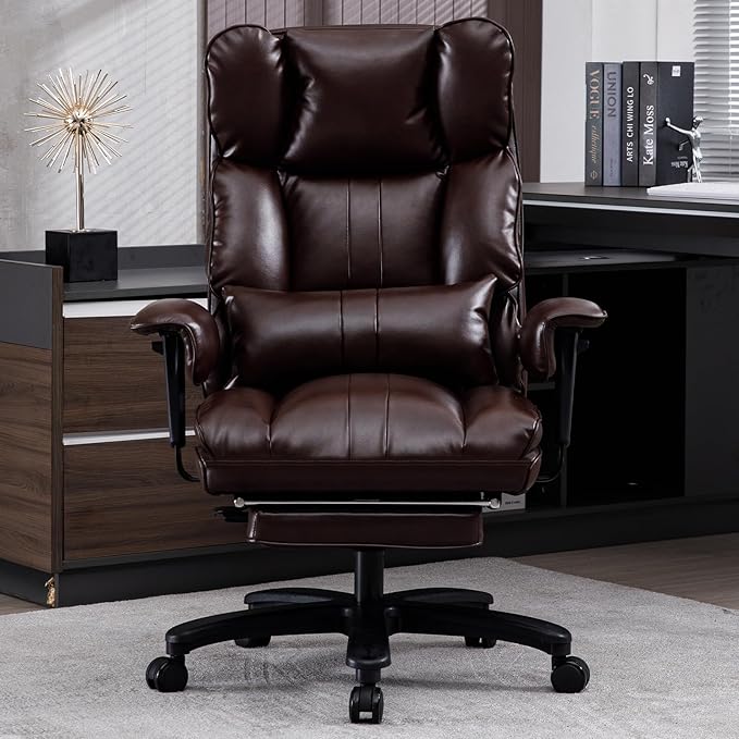Big and Tall Office Chair 500lbs Wide Seat Executive Office Desk Chair High-Back Office Task Chair with Foot Rest, Ergonomic Lumbar Support Computer Office Chairs for Heavy People(Brown)