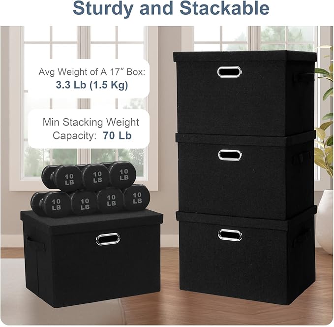 Large 17" 36 Quart Collapsible Stackable Storage Bins with Lids, 3 Packs Black Linen Fabric Closet Boxes with Lids, Storage Cube Baskets Container Organizers for Bedroom Office(17 x12 x11)