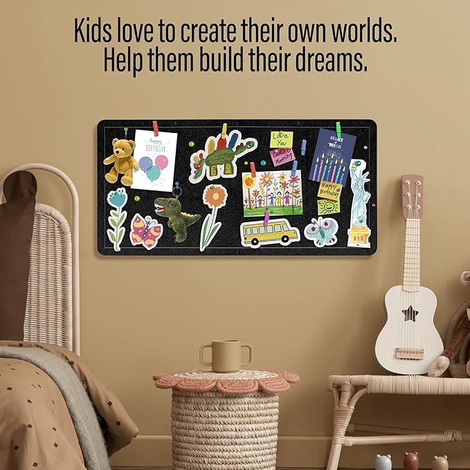 Large Bulletin Board 36 x 18 Inches - Foldable Felt Bulletin Board for Wall, Cork Board Alternative with 50 Color Pins & 6 Note Pads, Vision Board - Black