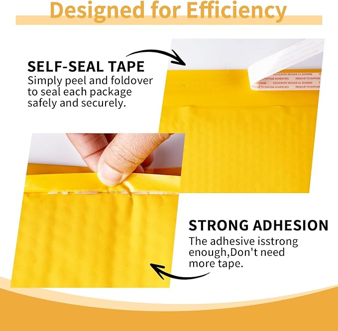 Kraft Bubble Mailers 4×8' Inch 100 Pack Yellow shipping envelopes Self-Seal Padded Mailing Envelopes for Jewelry Makeup Supplies and Small Business Packaging