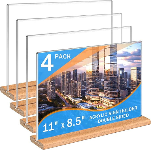 Kersally Acrylic Sign Holder 11 x 8.5'', 4 Pack Double-Sided Clear Table Display Stands with Wood Base,Horizontal Acrylic Frame Menu Flyer Paper Holder for Store, Restaurant, Hotel, Office, Show Fair