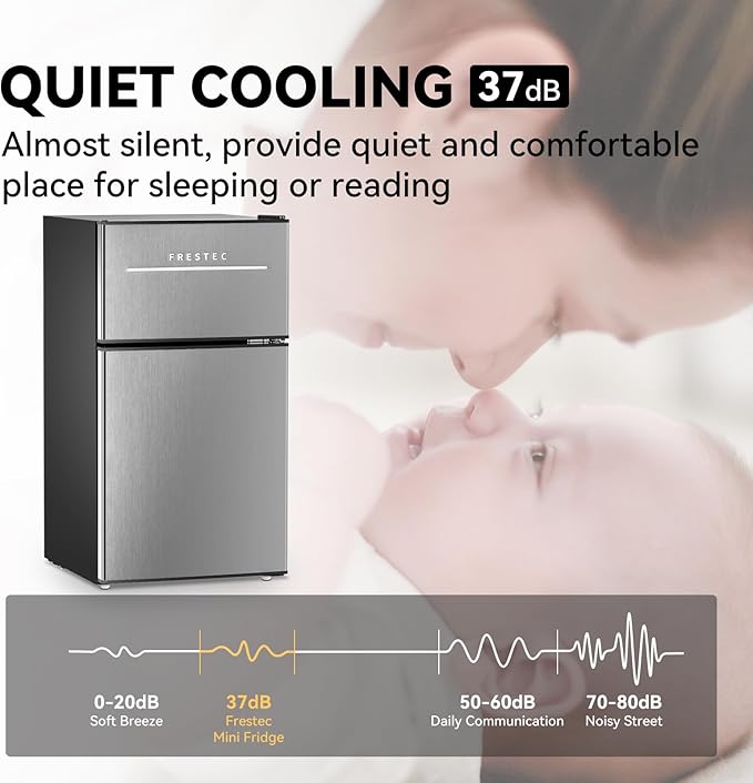 Frestec Mini Fridge with Freezer 3.2 Cu.Ft. 2 Door Refrigerator and Freezer Small Fridge for Bedroom Home Office Dorm, Small Drink Chiller, 37 dB Low Noise, Stainless Steel