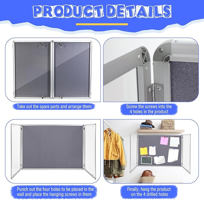 Enclosed Bulletin Board 48" x 36" Weather Resistant Lockable Notice Cork Display Board Wall Mounted 2 Locking Door for School Classroom Commercial Back to School, 12 x A4(Gray, Silver Frame)