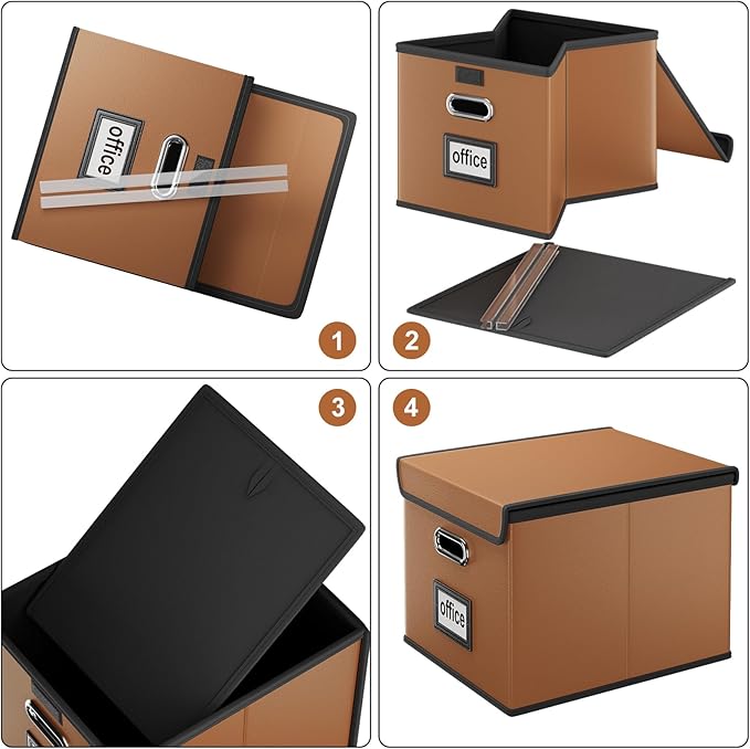 Huolewa Portable Leather File Organizer Boxes with Lids, Office Document Boxes Organizer, Filing Boxes, Decorative Small File Boxes for Hanging Files with Plastic Slide for Office/Decor/Home
