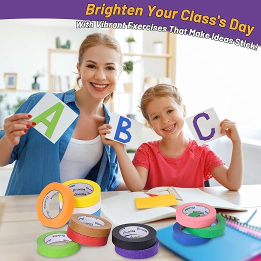 12 Rolls Colored Masking Tape-1 inch x 1080 Ft Painters Tape, Rainbow Colors Rolls Bulk Kids Colorful Paper Marking Tape Decorative Arts Crafts Labeling DIY School Classroom Supplies