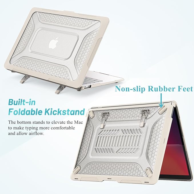 KEROM Heavy Duty Case for MacBook Pro 14 inch 2025-2021 M5 M4 M3 M2 M1 Chip A3434 A3112 A3185 A3401 A2918 A2992 A2779 A2442, Rugged TPU Bumper Hardshell with Foldable Kickstand & Keyboard Cover, Beige