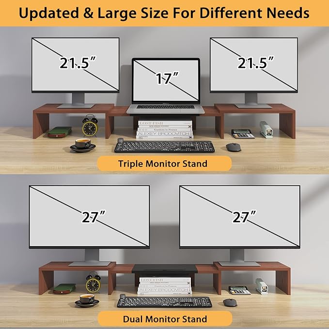 WESTREE Triple Monitor Stand Riser - Extra Long, Adjustable Length & Angle, 3 Shelf Desktop Storage for 1-3 Monitors