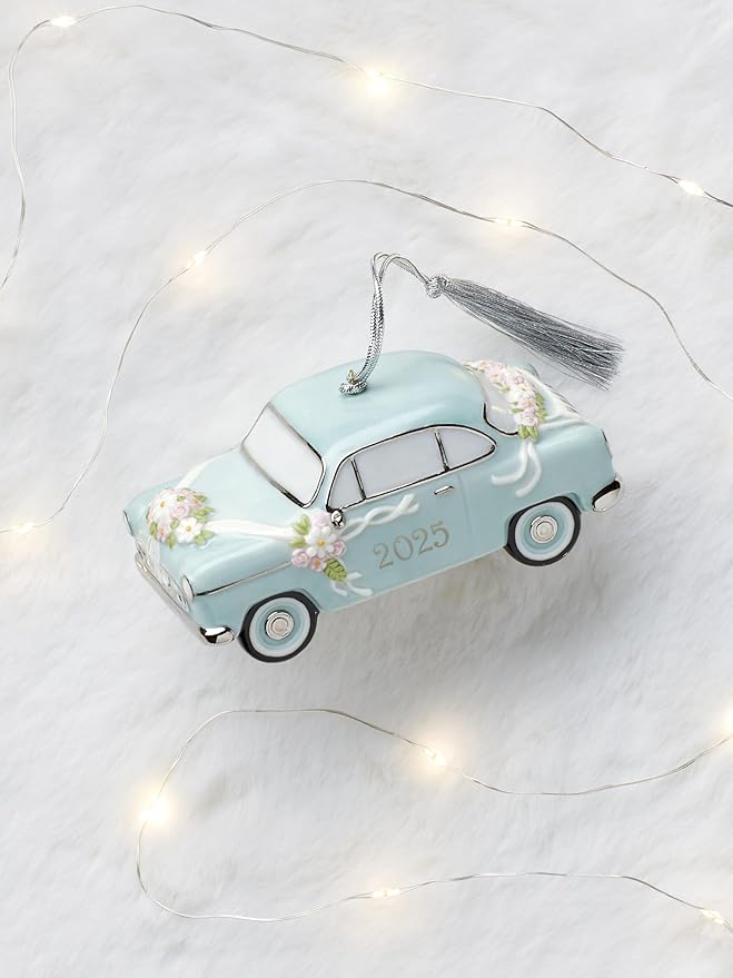 Lenox Ornament, 2025 Just Married Vintage Car Christmas Ornament, Made from Porcelain, Christmas Decorations with Silver Accents and Hanging Cord, Winter Decor, Tree Decor, Car Design (Blue, 1 Piece)
