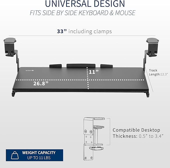 VIVO Large Height Adjustable Under Desk Keyboard Tray, C-clamp Mount System, 27(33 Including Clamps) x 11 inch Slide-Out Platform Computer Drawer for Typing, Black, MOUNT-KB05HB
