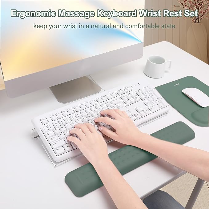 MOSISO Computer Keyboard Stand&Wrist Rest Support for Keyboard &Mouse Pad Set, Ergonomic Massage Wrist Rest Set, Easy Typing Working Acrylic Clear Stand for Office Home, Emerald Green