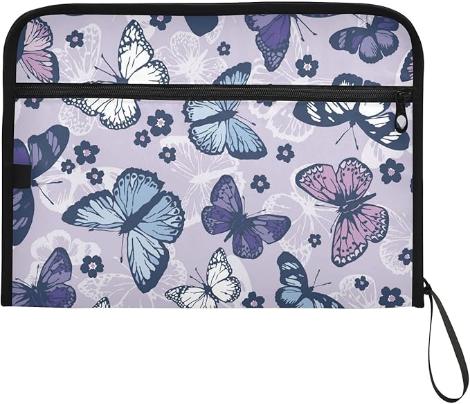 Expanding File Folder,13 Pocket Accordion File Folders with Sticky Labels, A4 Letter Size Paper Document Organizer with Zipper Closure for Office School Boys Girls,Butterfly and Flower