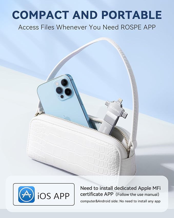 MFi Certified Photo Stick 256GB USB Flash Drive for iPhone, 4 in 1 External Memory Thumb Drive for Picture Video Saver and Backup, High Speed Memory Stick Pen Drive for iPhone/iPad/Android/PC (Silver)