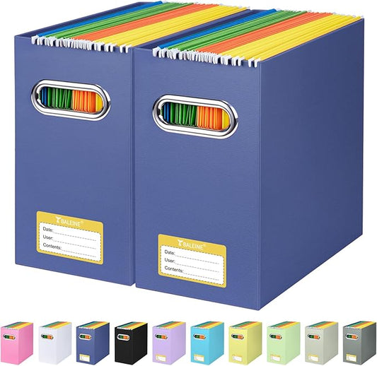 BALEINE File Organizer Box, Cardboard File Folder Organizer with Handle for Letter Size, Portable Collapsible Hanging Filing Box for Home Office Document Storage (2 Pack, Navy)