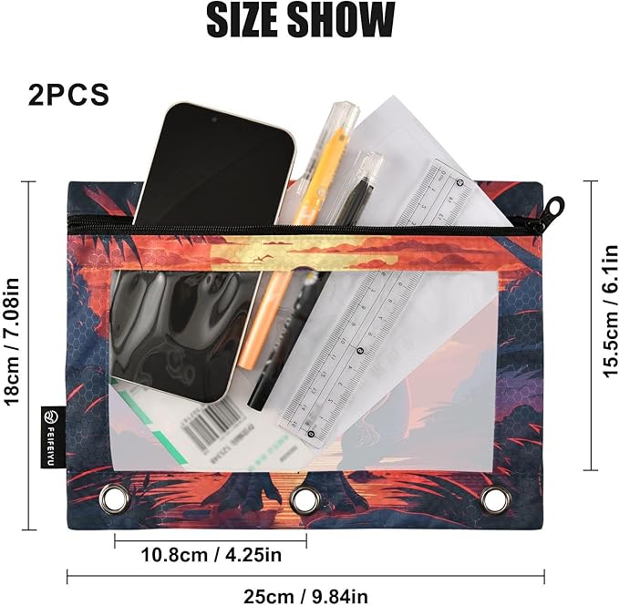 Dinosaur Pencil Pouch for 3 Ring Binder, 2 Pack Waterproof Pencil Bags Clear Window Zipper School Office Supplies