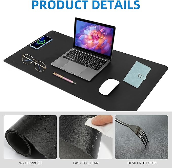Wireless Charging Mouse Pad with for Desktop Charging Large Desk Mat 36"x17" Waterproof Black Leather Computer Mat Mousepad Non-Slip Protector on Top of Desks for Keyboard and Mouse(Black-R)