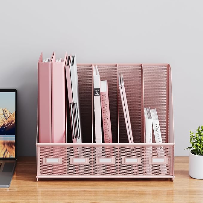 Marbrasse File Organizer for Desk,Desk File Organizer with 5 Vertical Compartments Mesh Magazine File Holder for Office School
