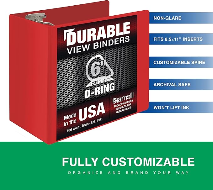 Samsill Durable 6 Inch Binder, Made in The USA, Locking D Ring Binder, Customizable Clear View Cover, Ruby Red, Holds 1225 Pages