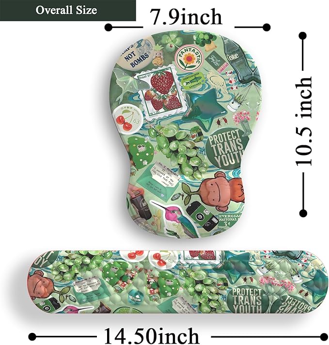 Mint Green Keyboard Wrist Rest Support Mouse Pad&Keyboard Set, Cute Green Ergonomic Mousepad Non-Slip Base Desk/Office Pain Relief&Easy Typing Pad with Neoprene Cloth&Raised Curved Memory Foam