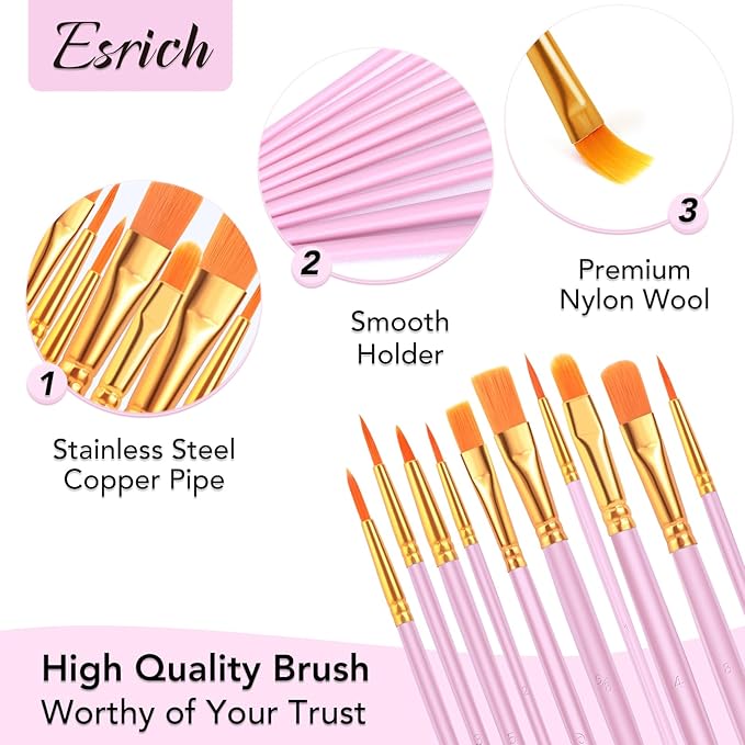 ESRICH Acrylic Paint Brushes Set, 24Packs /240 Pcs, Nylon Brush Head, for Oil Painting, Gouache, Face,Ceramics etc, Kid's and Adults Painting Arts and Crafts Sets.(Pink)
