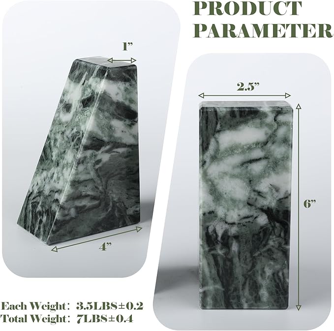 Marble Bookends for Heavy Books, Decorative Bookends for Shelves, Green Stone Book Ends, Heavy-Duty Book Ends for Hardback Book & Cookbooks, Unique Book Stopper & Holder, Set of 2