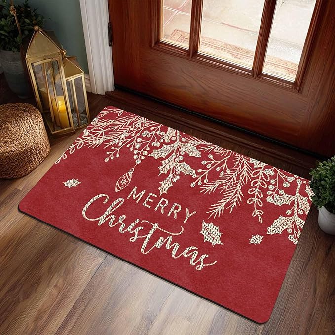 Merry Christmas Mistletoe and Holly Door Mat Front Porch Rugs Doormats Welcome Floor Mats Welcome Rug Outdoor Entry Rug for Home Farmhouse Party Decor, 18" x 30"Inch