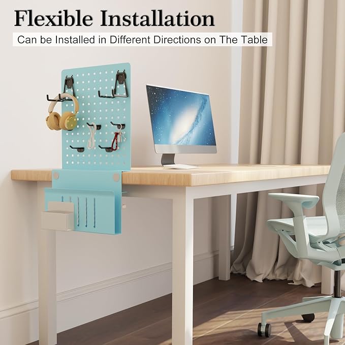 Desk Side Storage with Clamp-On Desk Pegboard, Steel Privacy Panel, No-Drill Desk Organizer with Pen Holder, Table-Side Laptop Holder for Office and Home (Blue)